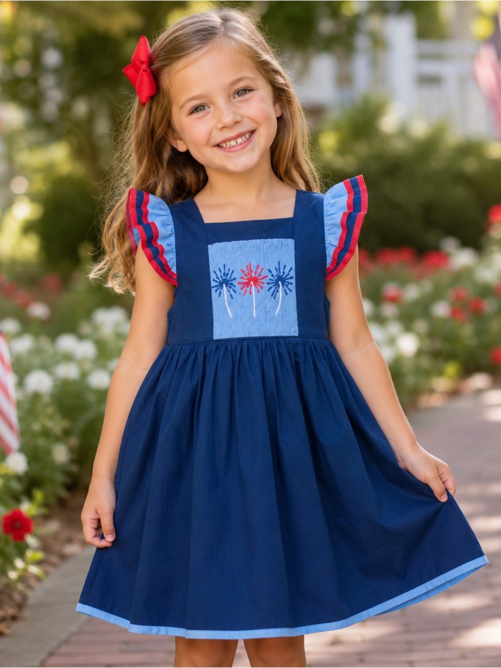 Navy Blue Embroidered Fireworks Flutter-Sleeve Kids Dress